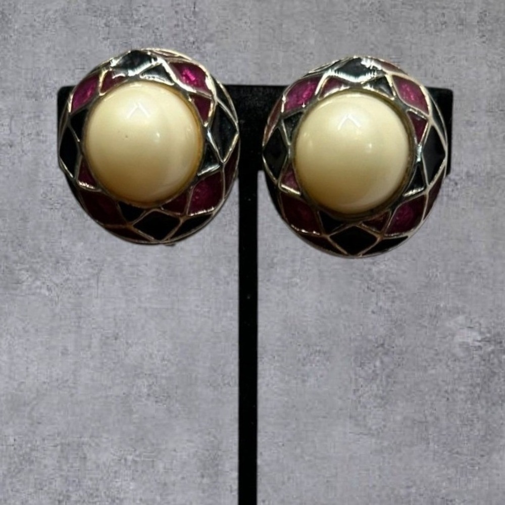 Clip On‎ Earrings Womens Pink Black Silver Vintage Faux Pearl Round